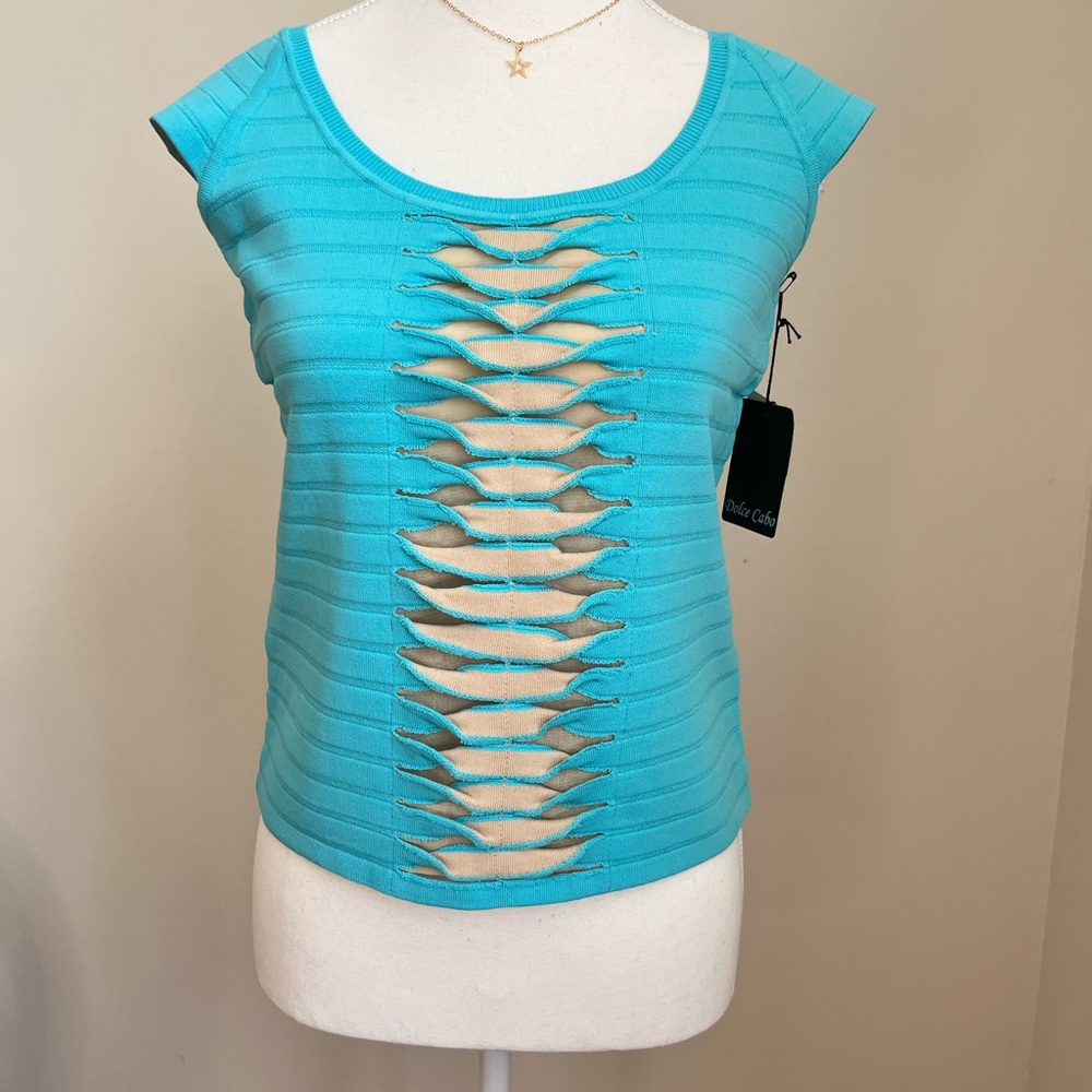 Dolce Cabo Blue Cap Sleeve Crop Top with Cut-Out Design